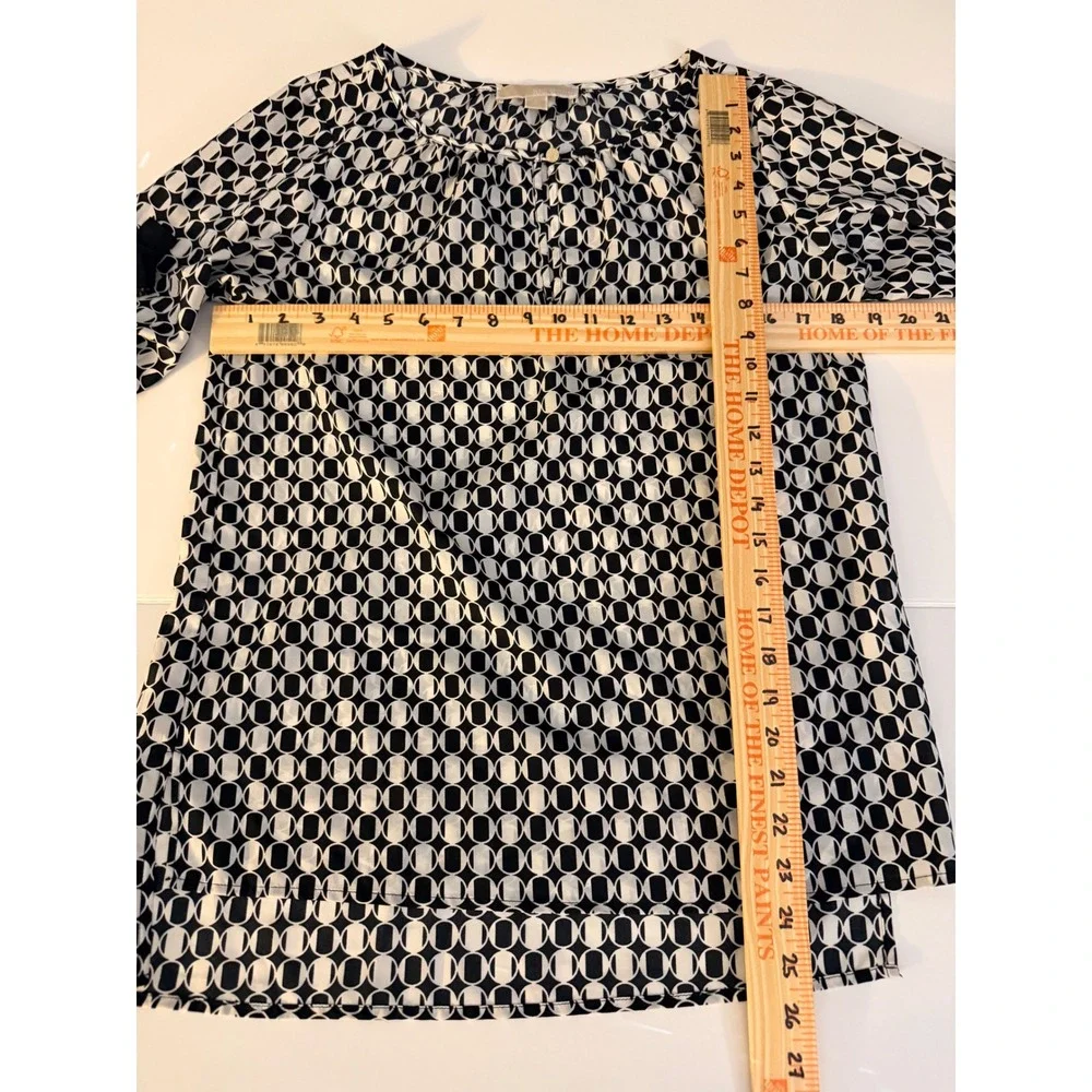 Michael Kors Blouse Women S Black White Geometric Print Roll Tab Sleeve Mod Top